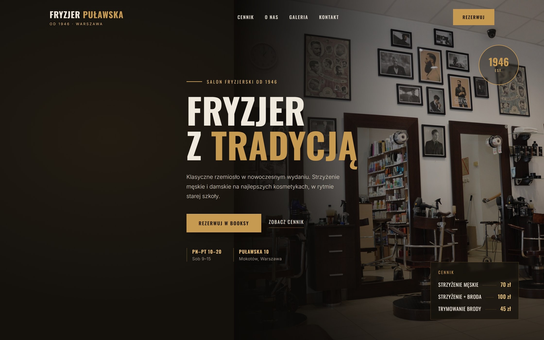 Projekt strony dla salonu Fryzjer Puławska — ciemna, elegancka strona z rezerwacją online