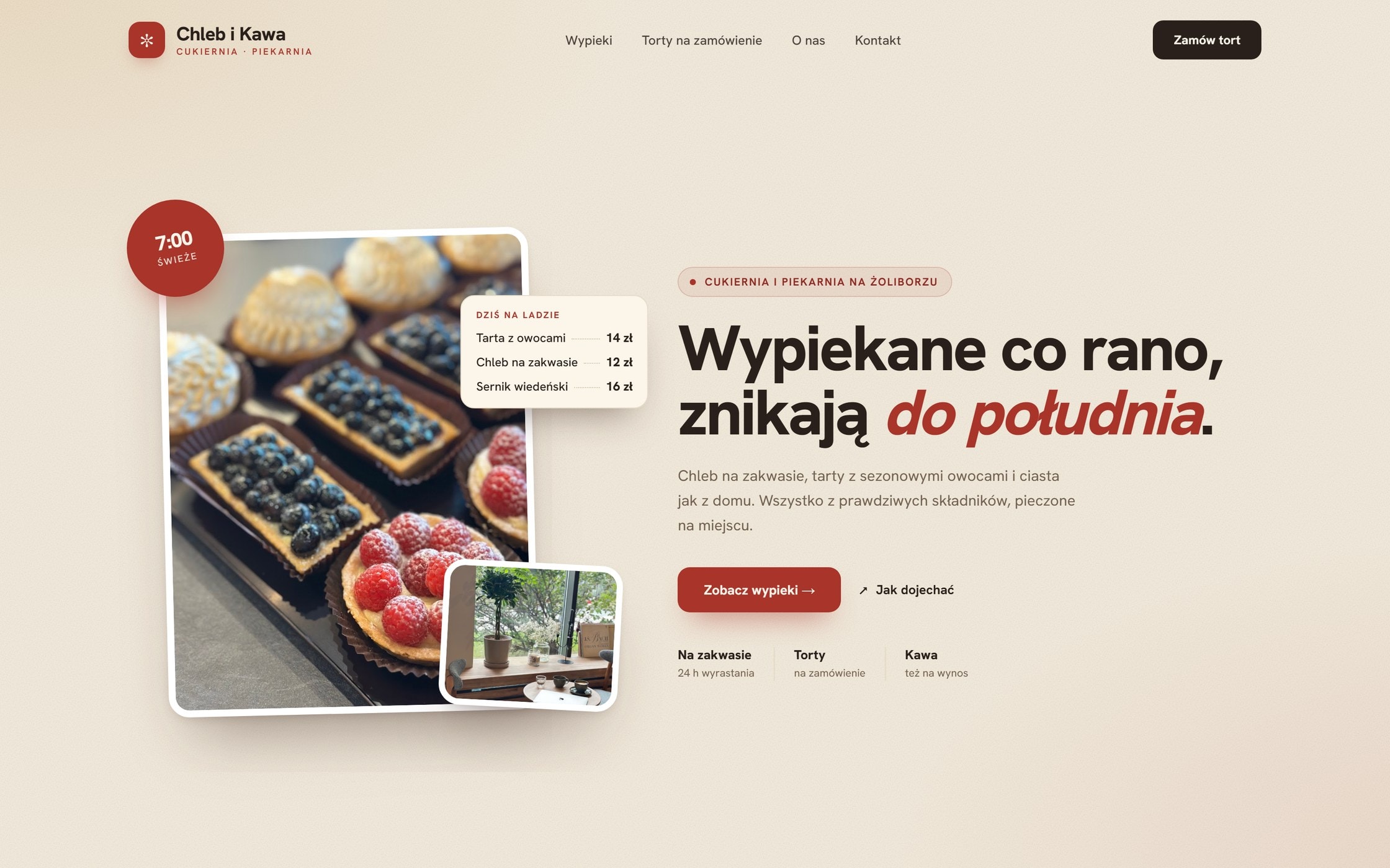 Projekt strony dla cukierni i piekarni Chleb i Kawa — ciepła strona z tartami, wypiekami i cenami
